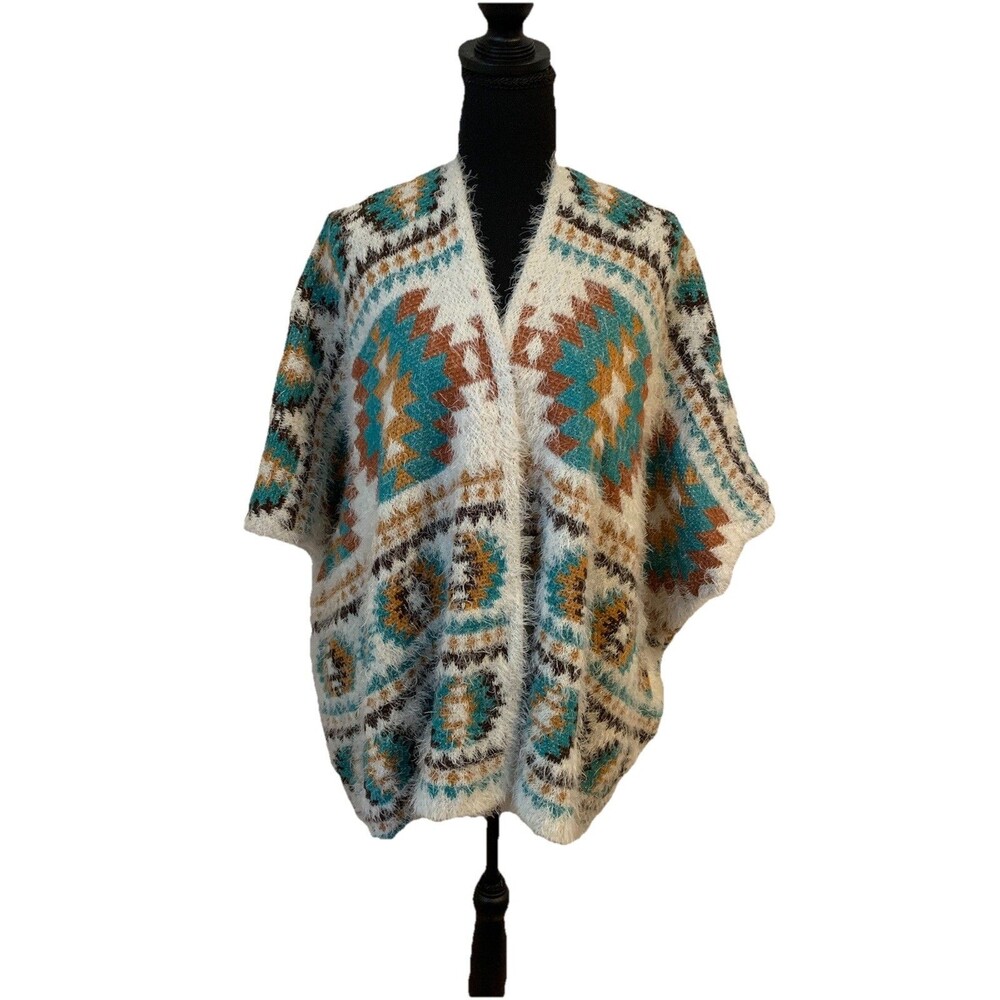 Rockin C Womens Size L/XL Fuzzy Cardigan Wrap Aztec Festival Cowgirl Poncho